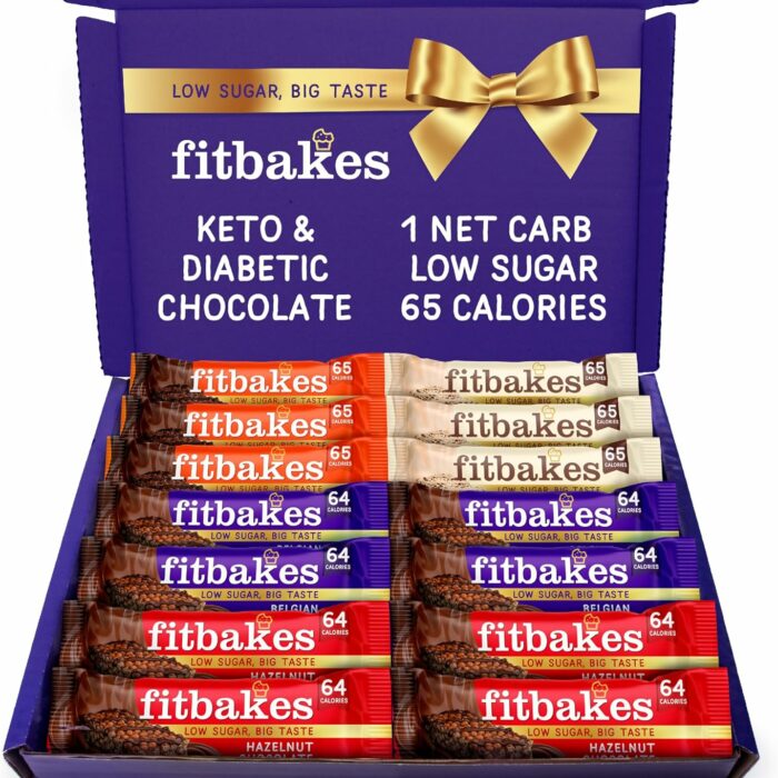 【Flash Sale】Fitbakes Gifts Diabetic Chocolate Gift Box (14x19g) Crunchy Mini Chocolate Keto Snack Bars, Sweet Diabetic Biscuit Food Treats Hamper, 65 Calories, Low Calorie Snack For Women & Men, Fit Bake