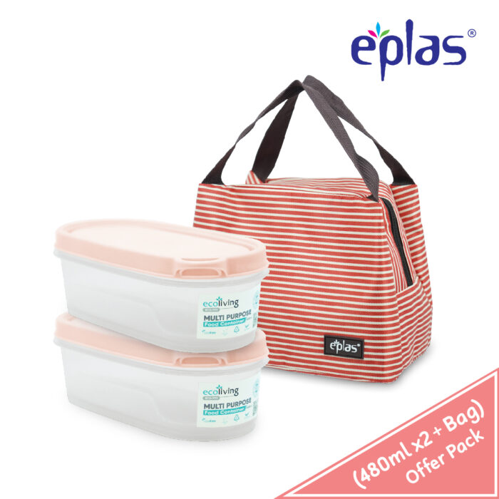 EPLAS OFFER PACK 480ml x2 Airtight Bento Food Storage With Lunch Box Beg.Bekas Makanan.ECO-1771(2)/EG-D/PK/BL