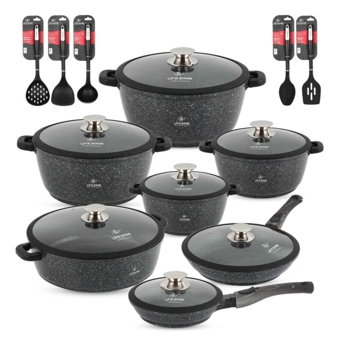 Cookware Set 29 pieces with Multiple Layer Granite Coating and Silicone Handles