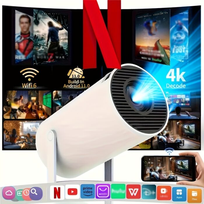Smart HY300pro 4K Projector with Android 11 TV, WiFi 6 Wireless 5.0, Auto Vertical Correction, 180 Rotatable Short Throw, Portable Movie Projector for Home Theater, Gaming & Smartphone Compatibility