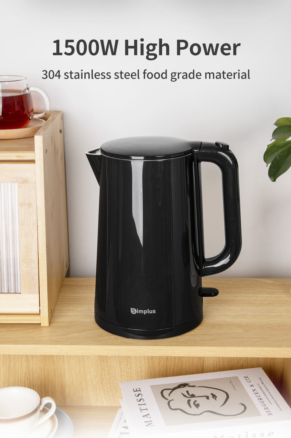 Simplus 1.7L Electric Kettle | 1500W Fast Heating | 304 Stainless Steel Inner | Double-layer Anti-Dry Burn Protection