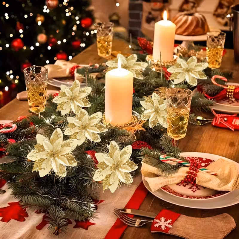 48pcs Golden Glitter Christmas Flowers with Clips - Elegant Golden Floral Decorations, No Assembly Needed, Durable Plastic Artificial Flowers for Christmas Tree, Wreaths, Wedding, Party, Home - Indoor/Outdoor Holiday Decor - Reusable & Easy to Hang, Christmas Flower Decorations, Festive Decorations, Festive Design, Lightweight Decorations, Decorative Blooms, Event Planners, Christmas Decor