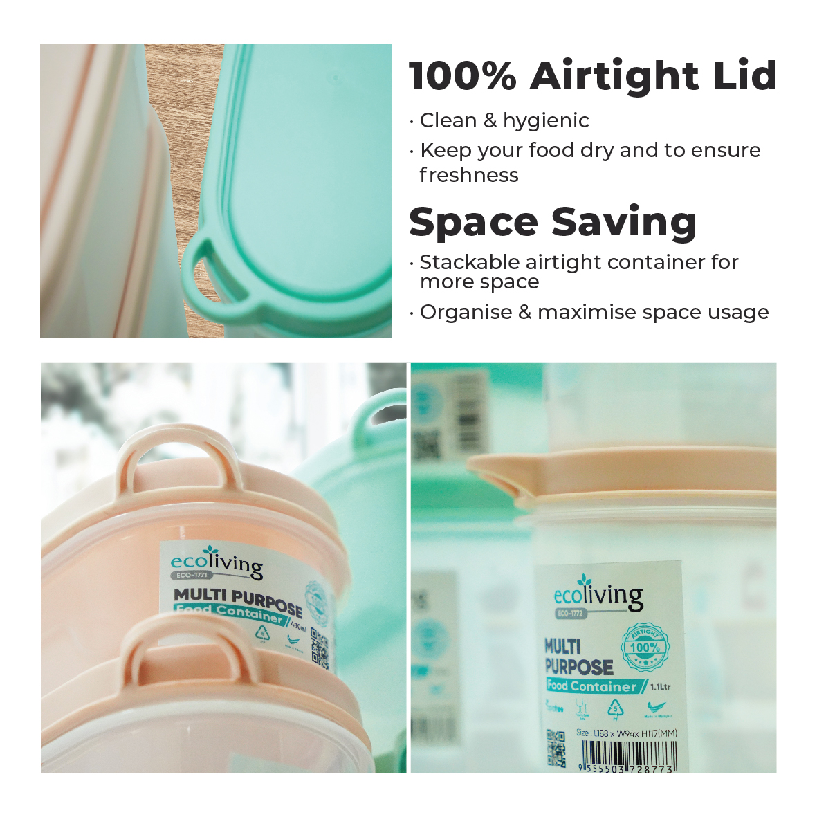 EPLAS OFFER PACK 480ml x2 Airtight Bento Food Storage With Lunch Box Beg.Bekas Makanan.ECO-1771(2)/EG-D/PK/BL