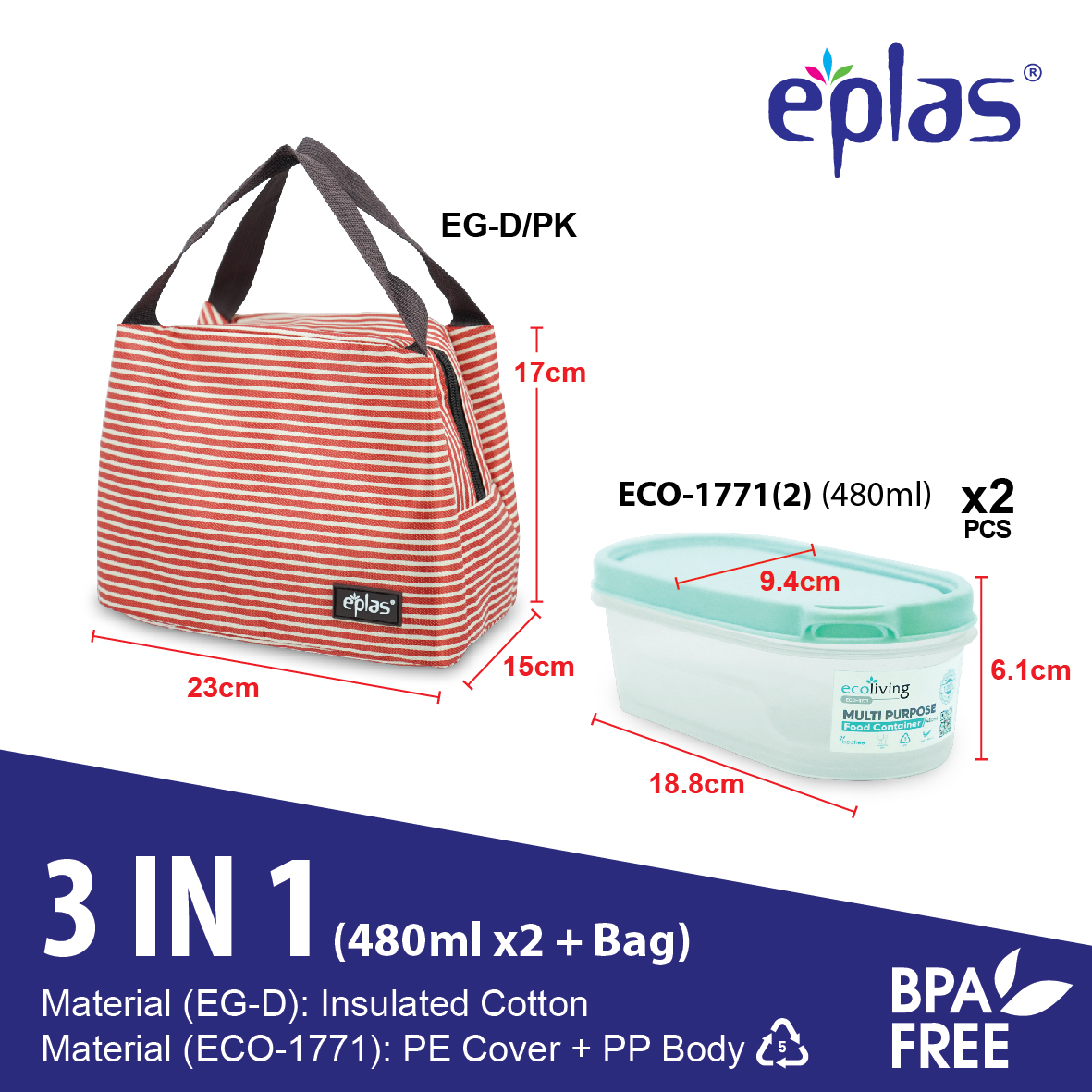 EPLAS OFFER PACK 480ml x2 Airtight Bento Food Storage With Lunch Box Beg.Bekas Makanan.ECO-1771(2)/EG-D/PK/BL